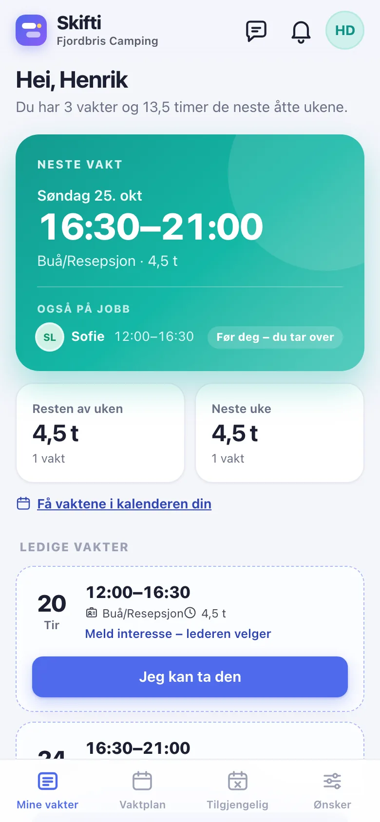 Skifti på mobil: neste vakt, hvem som også er på jobb, timer denne og neste uke, og ledige vakter med en knapp for å ta dem.