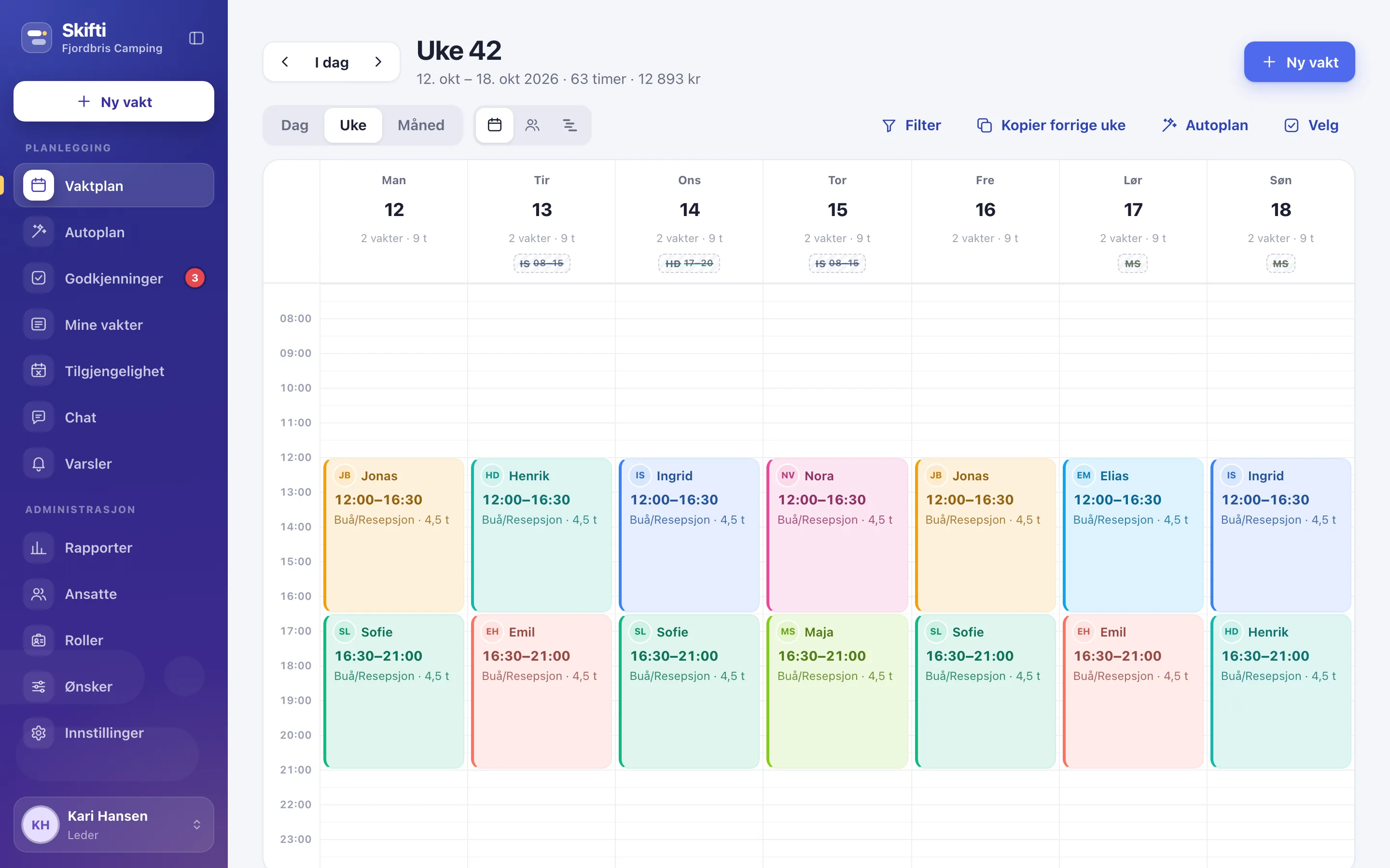 Vaktplanen for en uke i Skifti: hver ansatt har sin farge, og vaktene står i en kalender med klokkeslett.